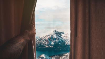 Mountains window curtain 4k wallpaper