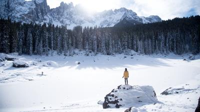 Mountains winter man travel 4k wallpaper