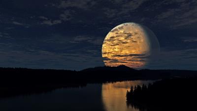 Night sky moon river reflection 4k wallpaper