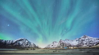 Northern lights mountains snow 4k wallpaper