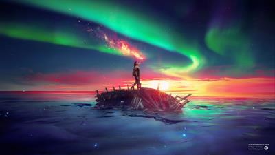 Northern lights photoshop girl 4k wallpaper