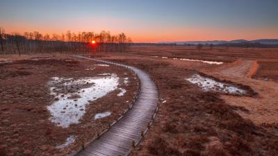 Path sunset wooden 4k wallpaper