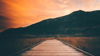 Pier mountains sunset 4k wallpaper