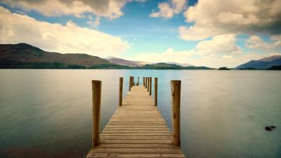 Pier river mountain distance sky 4k wallpaper