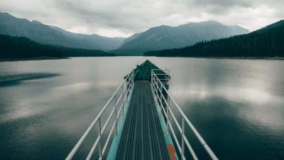 Pier river mountains 4k wallpaper