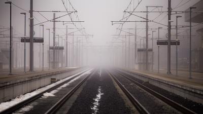 Railway fog wires 4k wallpaper