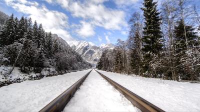 Railway mountains snowy 4k wallpaper