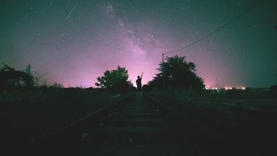 Railway starry sky man night 4k wallpaper