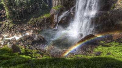 Rainbow falls streams stream from above stones 4k wallpaper