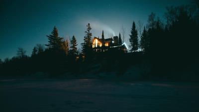 Refuge night starry sky forest 4k wallpaper