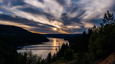 River bridge sunset 4k wallpaper