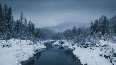 River fog snow 4k wallpaper