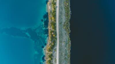 Road aerial view water 4k wallpaper
