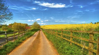 Road field fence house landscape 4k wallpaper