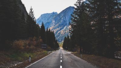 Road marking mountains trees 4k wallpaper