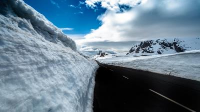 Road snow mountains 4k wallpaper