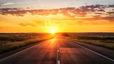 Road sunset marking grass 4k wallpaper