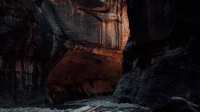 Rocks cave river 4k wallpaper