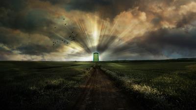 road portal doors in paradise field sky birds 4k wallpaper