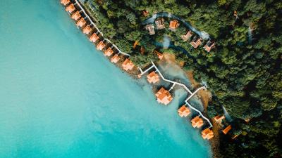 Sea bungalow aerial view 4k wallpaper