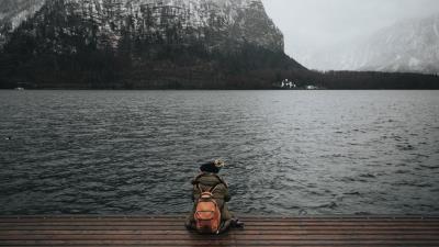 Sea man freedom loneliness mountains 4k wallpaper