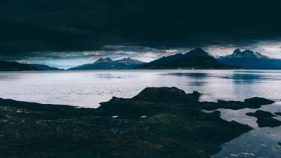 Sea mountains shore night 4k wallpaper