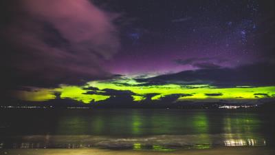 Sea starry sky shore sunset radiance 4k wallpaper