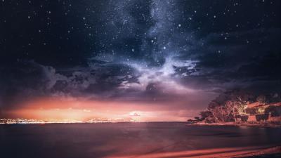 Sea sunset starry sky 4k wallpaper