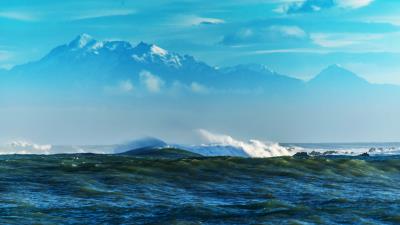 Sea waves mountains rocks reefs 4k wallpaper