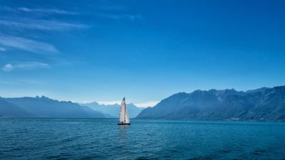 Ship sailboat mountains 4k wallpaper