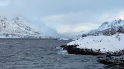 Shore mountains snow 4k wallpaper