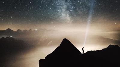 Silhouette starry sky lighting mountains 4k wallpaper
