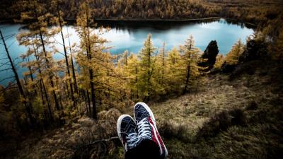 Sneakers lake autumn 4k wallpaper
