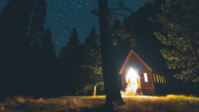Starry sky house forest 4k wallpaper