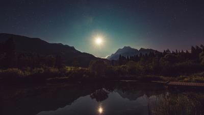Starry sky lake mountains 4k wallpaper