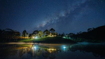 Starry sky milky way lake 4k wallpaper