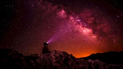 Starry sky stars man light glitter 4k wallpaper