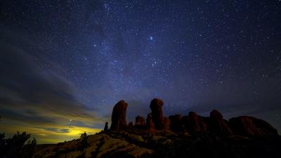 Starry sky stars rocks night 4k wallpaper