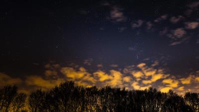 Starry sky trees clouds night 4k wallpaper