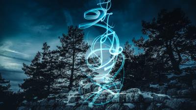 Starry sky trees rocks 4k wallpaper