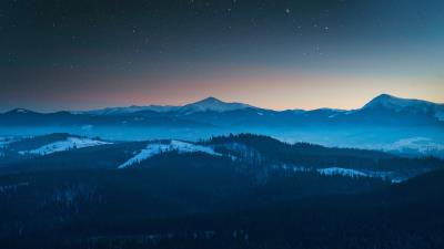 Stars in the sky foggy season forest mountains ql 4k wallpaper