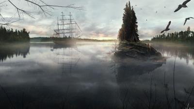 ship sea birds island tree tent haze terribly 4k wallpaper