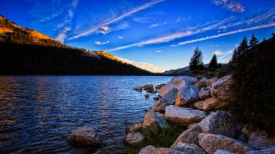 Stones lake trees 4k wallpaper