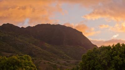 Sunrise sky mountains trees 4k wallpaper