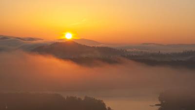 Sunset hills fog 4k wallpaper