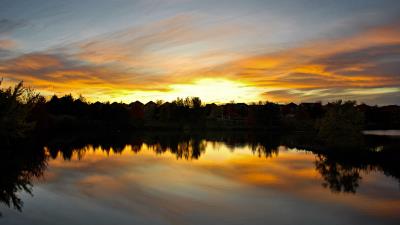 Sunset lake trees image 4k wallpaper