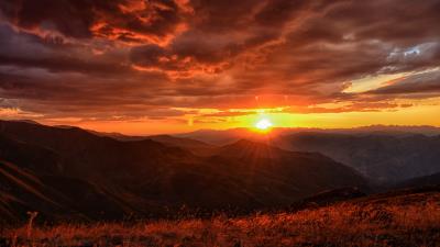 Sunset landscape mountains clouds jj 4k wallpaper