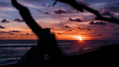 Sunset shore clouds sea 4k wallpaper