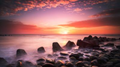 Sunset water stones 4k wallpaper