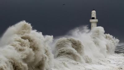 storm tempest lighthouse sky birds waves 4k wallpaper